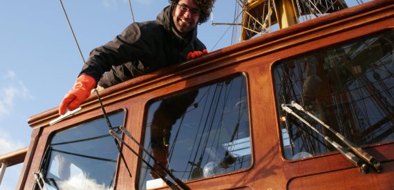 cleaning the deck house windows on Europa