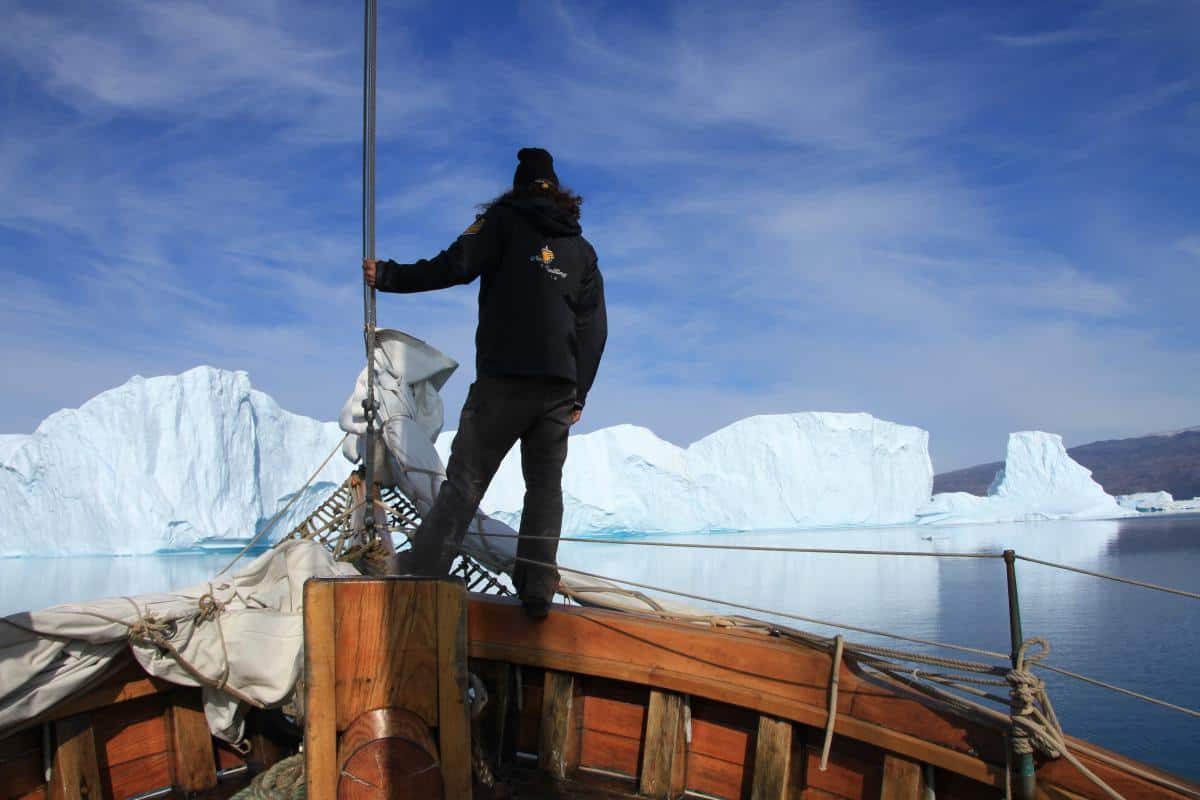 Lookout duty: Icebergs ahead on schooner Hildur in Greenland Lookout duty: Icebergs ahead on schooner Hildur in Greenland