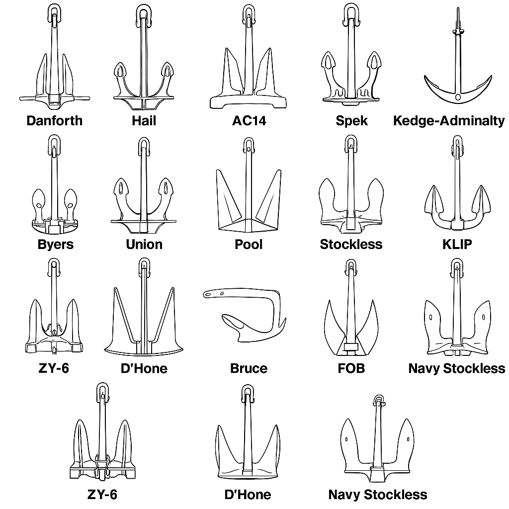 Diagram showing different styles of marine anchor.